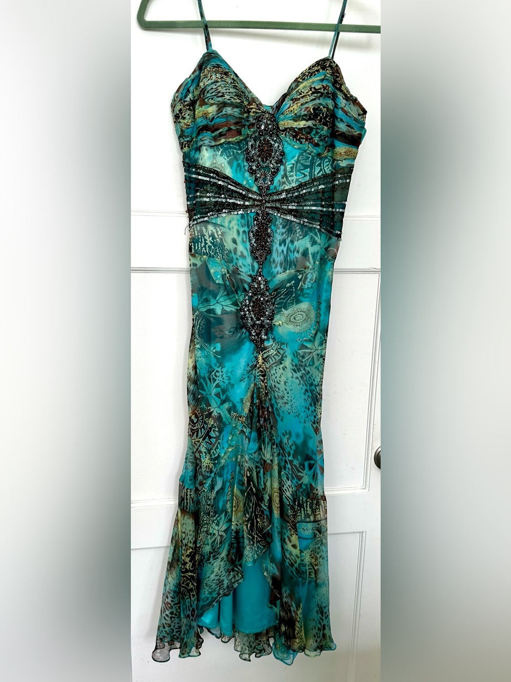 Sue Wong Turquoise and Brown Beaded Spaghetti-Strap Evening Dress